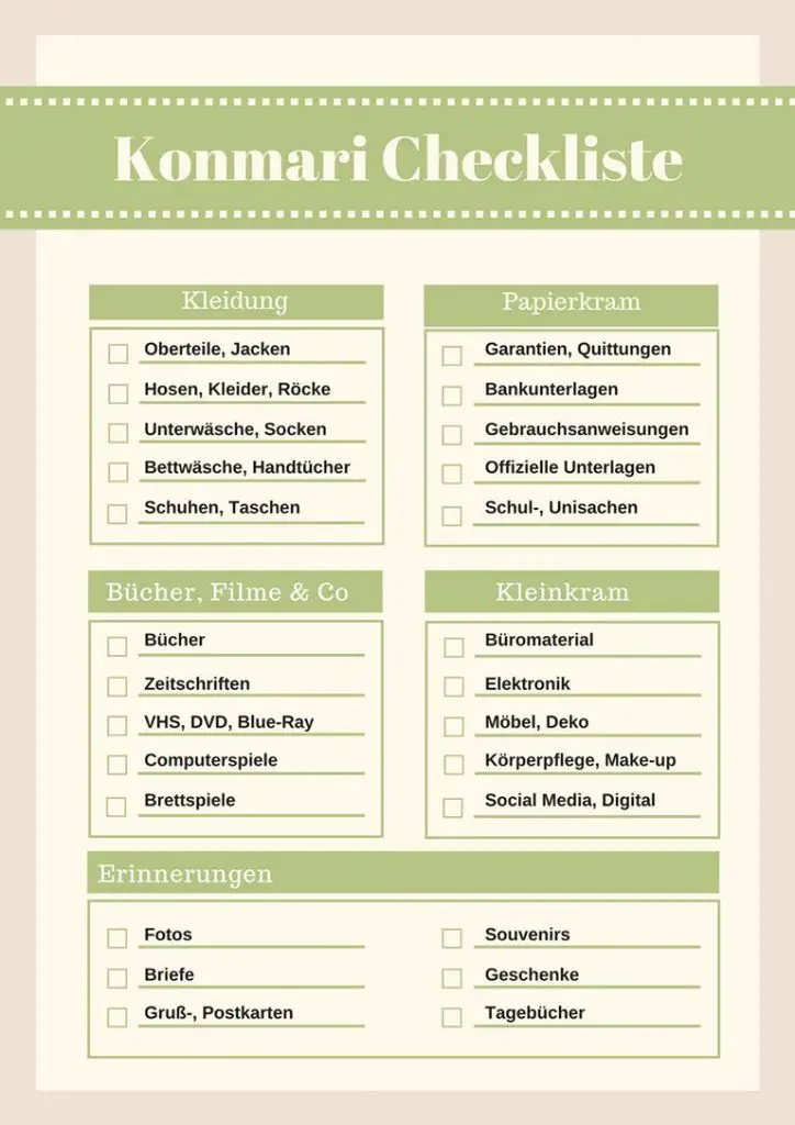 Konmari Checkliste mit Kategorien