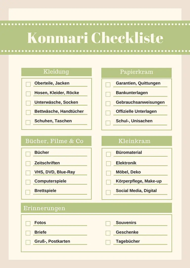 Konmari Checkliste mit Kategorien