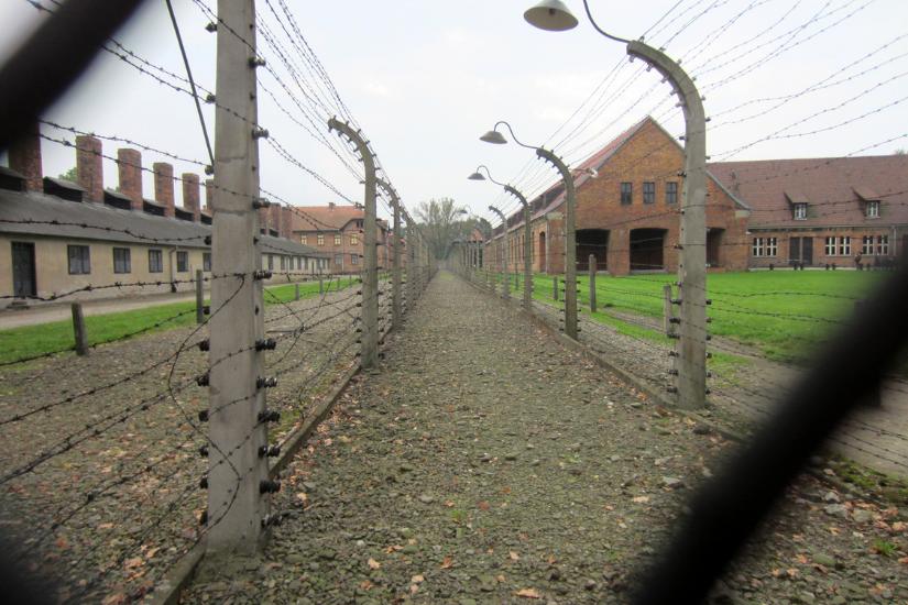 Blick durch den Stacheldraht in Kozentrationslager Auschwitz