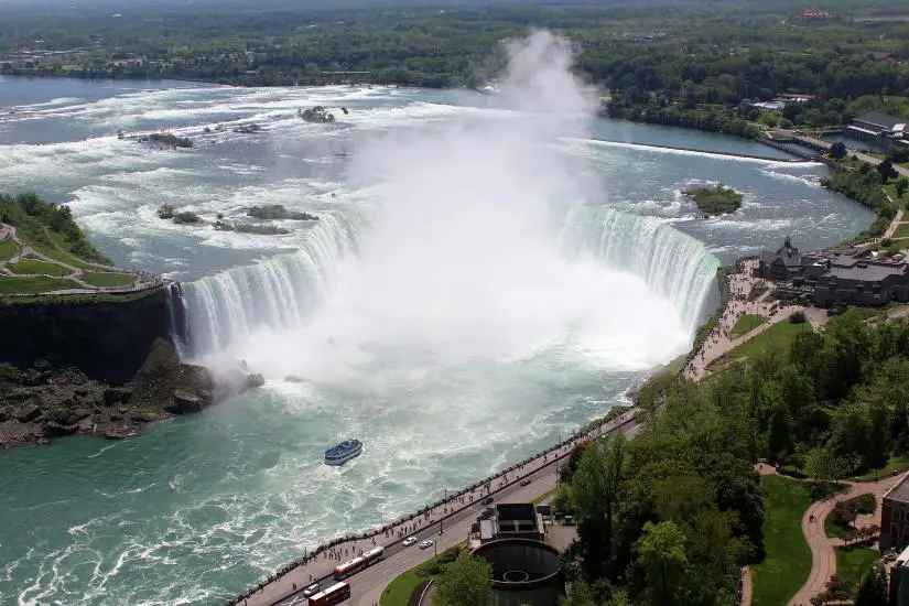 Blick auf die Horseshoe Falls (Niagara Fälle) aus dem Skylon Tower (Kanada)
