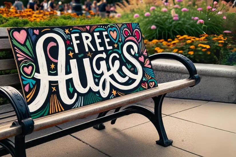 Free Hugs Schild auf einer Bank