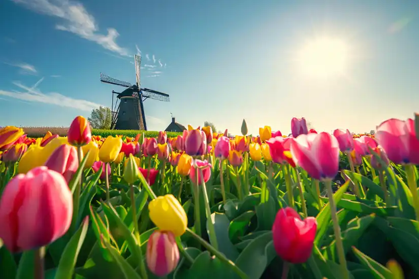 Tulpenfeld in Holland mit Windmühle im Hintergrund