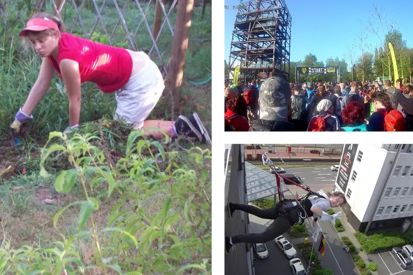 Collage aus drei persönlichen Bucket-List-Erlebnissen: Wwoofing im Grünen, Start beim 55-km-Mammutmarsch und Houserunning an einer Hauswand.
